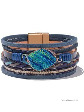 Resin Stone Leather Bangle Cuff Bracelet Boho Stackable Western